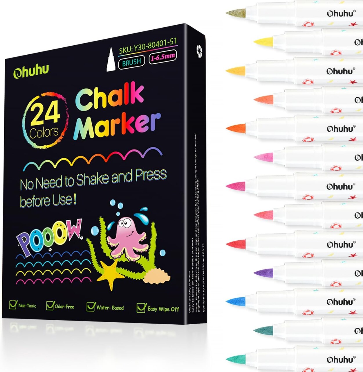 Ohuhu No Shaking and Pressing Chalk Markers for Chalkboard Brush Tip 24  Colors Chalkboard Markers for Blackboard Easter Eggs Car Window Glass Easy  to Wipe Off Chalk Pens Non-toxic for Adults Kids